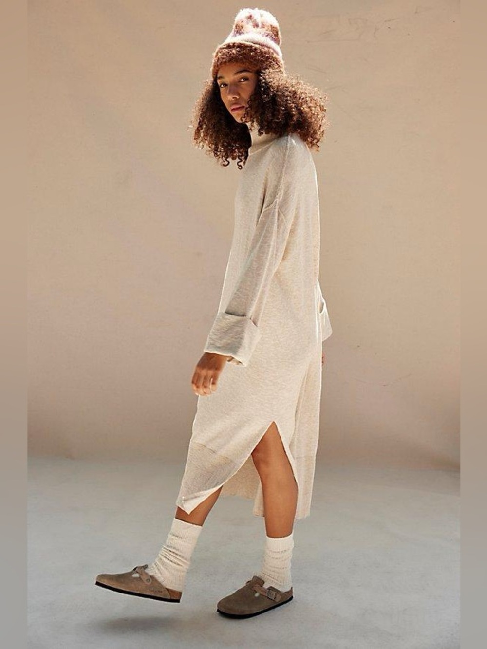 Free People Faye Sweater Midi Dress Cotton Linen Cream Oatmeal